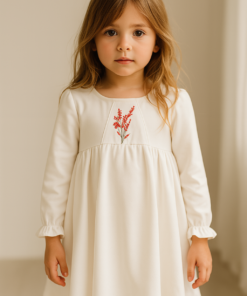 Vestido blanco coquette con bordado rojo para niñas, estilo elegante y romántico