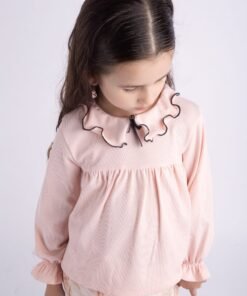 Blusa morley rosa cuello bebé para niñas, volados festoneados y estilo coquette