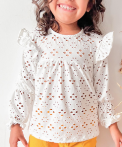 Blusa de broderie elastizado con manga globo para niñas, frunces con hilo elástico en codo y puño, diseño artesanal de Begoña