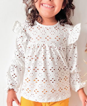 Blusa de broderie elastizado con manga globo para niñas, frunces con hilo elástico en codo y puño, diseño artesanal de Begoña