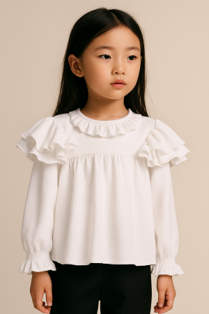 Blusa de morley con festones para niñas, artesanal y de calidad premium, con volados gruesos y mangas largas