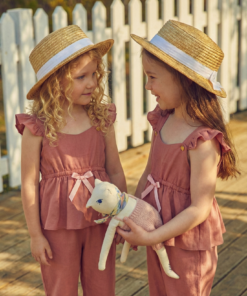 Enterito rosa viejo de bengalina Jumpsuit Alice con moño al frente y lazo trasero, moda infantil elegante para niñas