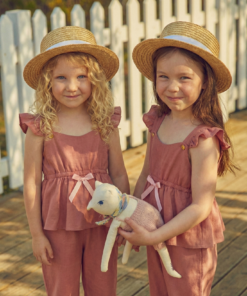 Enterito rosa viejo de bengalina Jumpsuit Alice con moño al frente y lazo trasero, moda infantil elegante para niñas