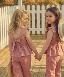 Enterito rosa viejo de bengalina Jumpsuit Alice con moño al frente y lazo trasero, moda infantil elegante para niñas