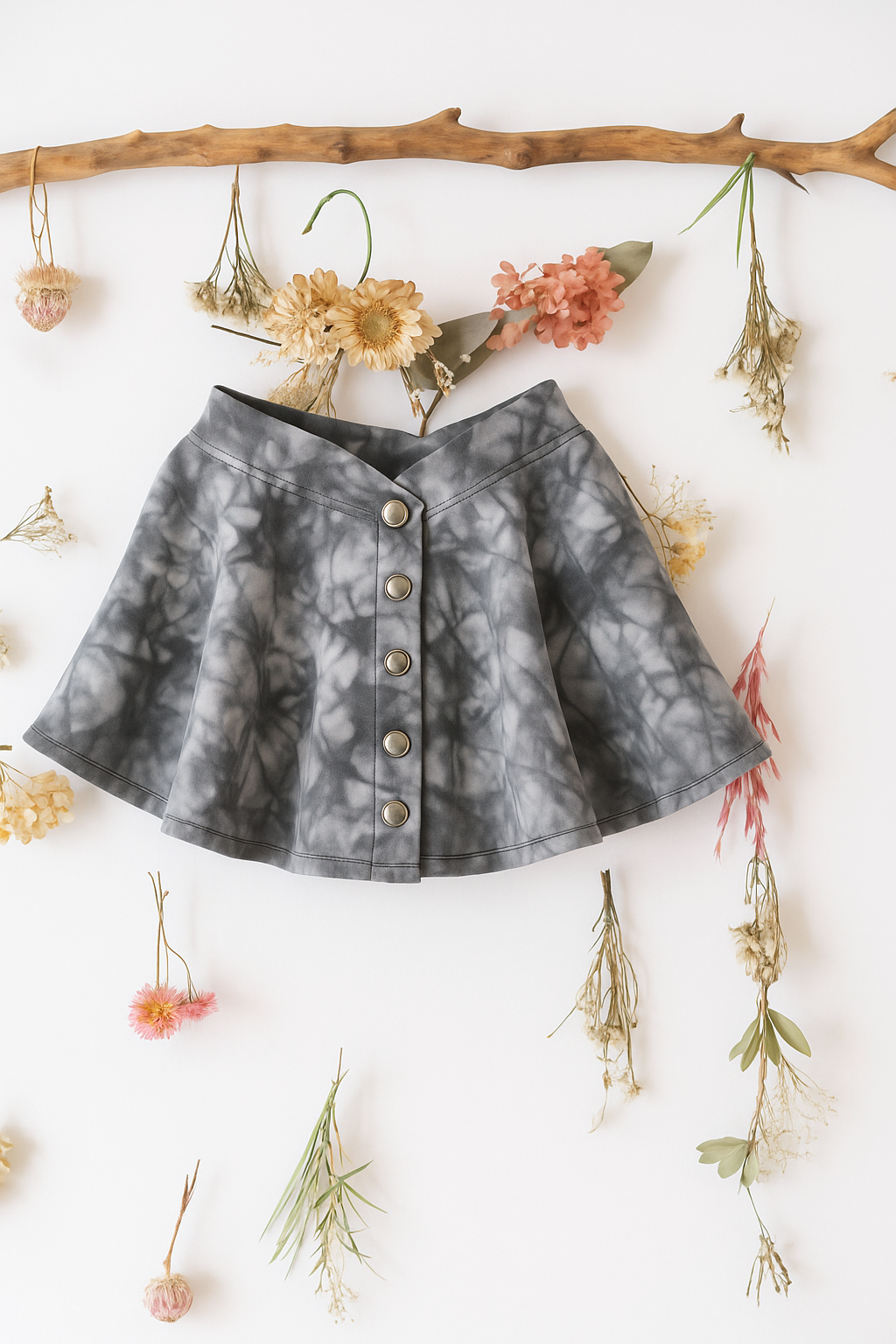 Falda batik de bengalina gris con broches níquel, corte campana cintura alta para niñas – Begoña Boutique