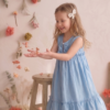 Vestido infantil simil lino celeste con volados y festones – fresco y liviano - 10 años