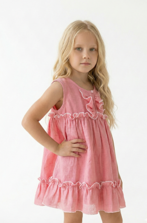 Vestido Melody infantil simil lino rosa con volados