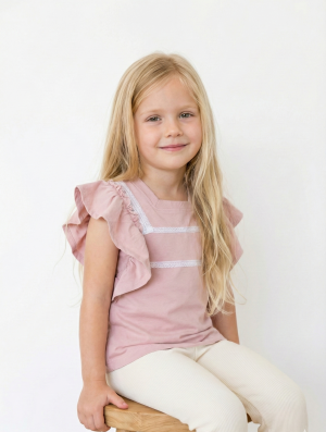 remera infantil coquette de jersey rosa con puntilla y mangas con volados – Begoña Boutiqu
