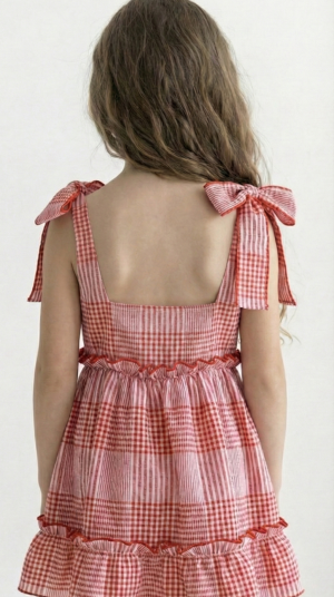 vestido infantil cuadrillé vintage romántico con festones color rojo – Begoña