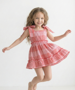 vestido infantil cuadrillé vintage romántico con festones color rojo – Begoña