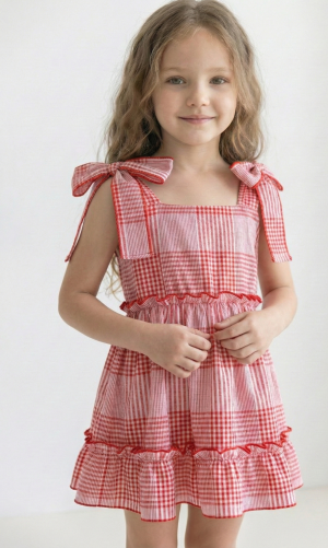 vestido infantil cuadrillé vintage romántico con festones color rojo – Begoña