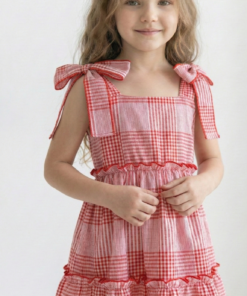 vestido infantil cuadrillé vintage romántico con festones color rojo – Begoña