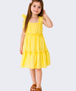 Vestido Luana infantil boho romántico amarillo con lazos | Begoña