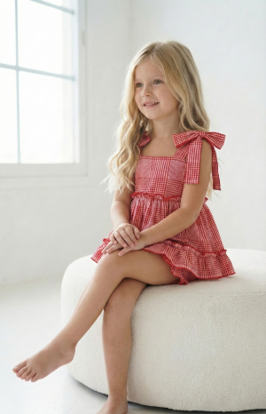 Alternative view of Blusa Alana Rojo cuadrillé vintage con lazos y volados