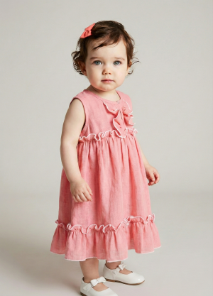 Alternative view of Vestido Melody infantil simil lino rosa con volados