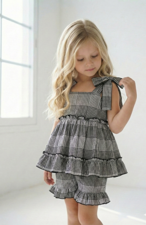 conjunto infantil Alana cuadrillé vintage con lazos – Begoña