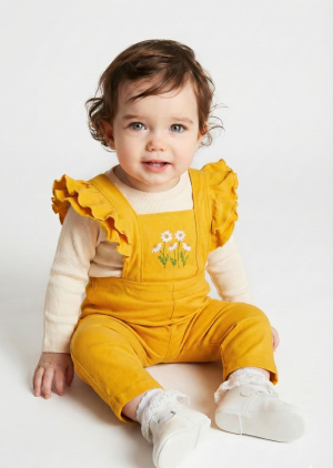 Conjunto Bebé Mostaza y Crudo | Enterito Bengalina + Remera Bordada